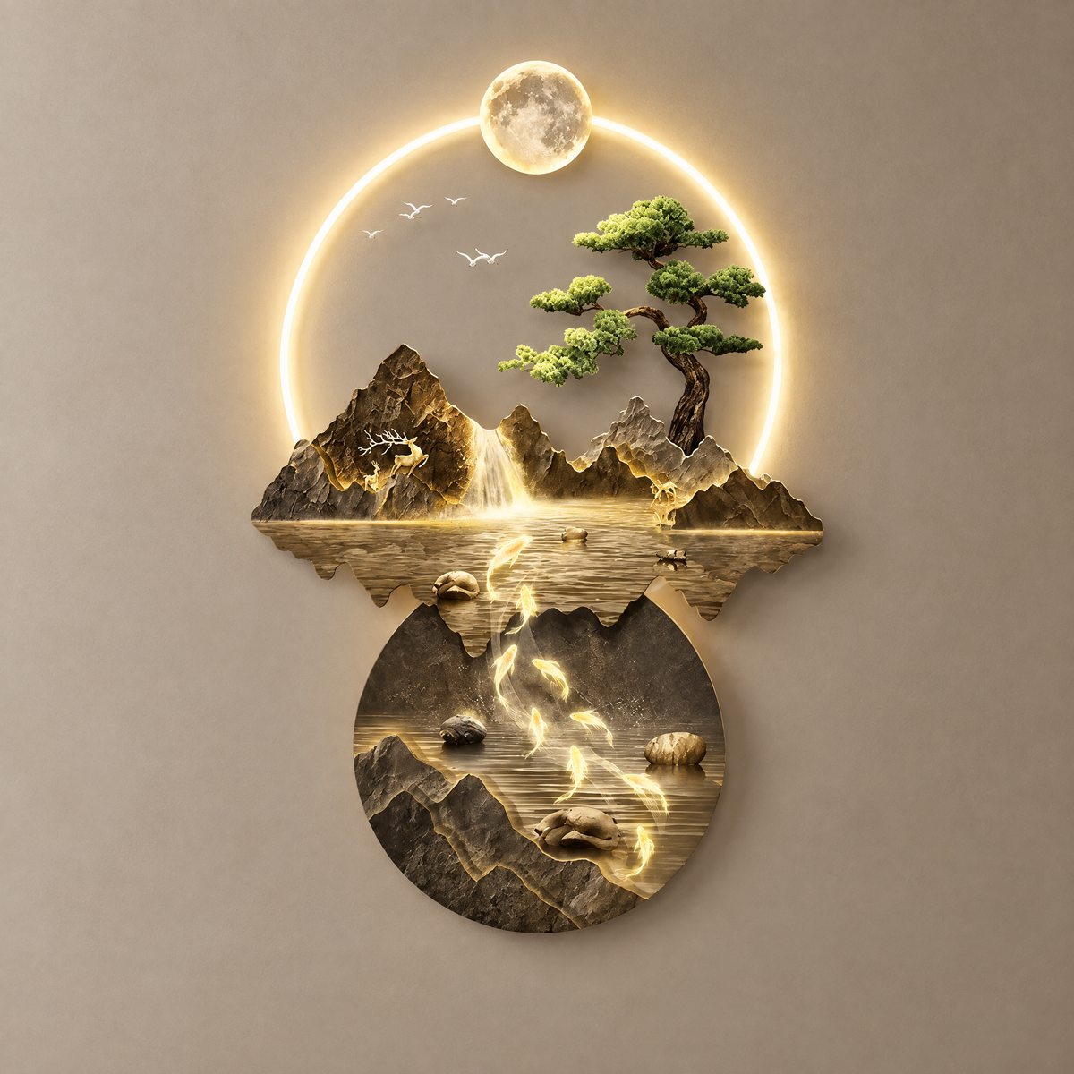 Moonlit Lake illuminated wall art lamp, lit, on a warm plaster wall