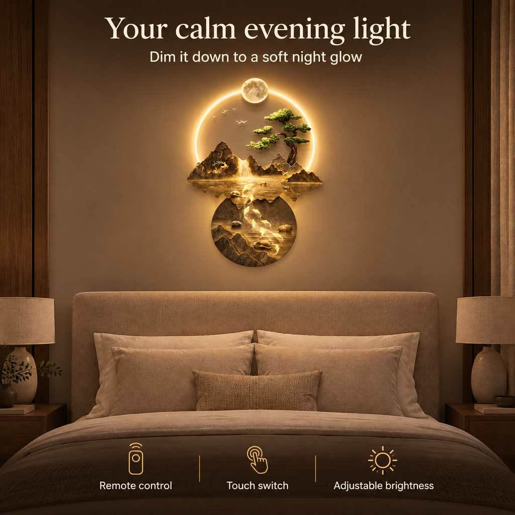 Moonlit Lake wall lamp glowing above a bed — remote control, touch switch, adjustable brightness